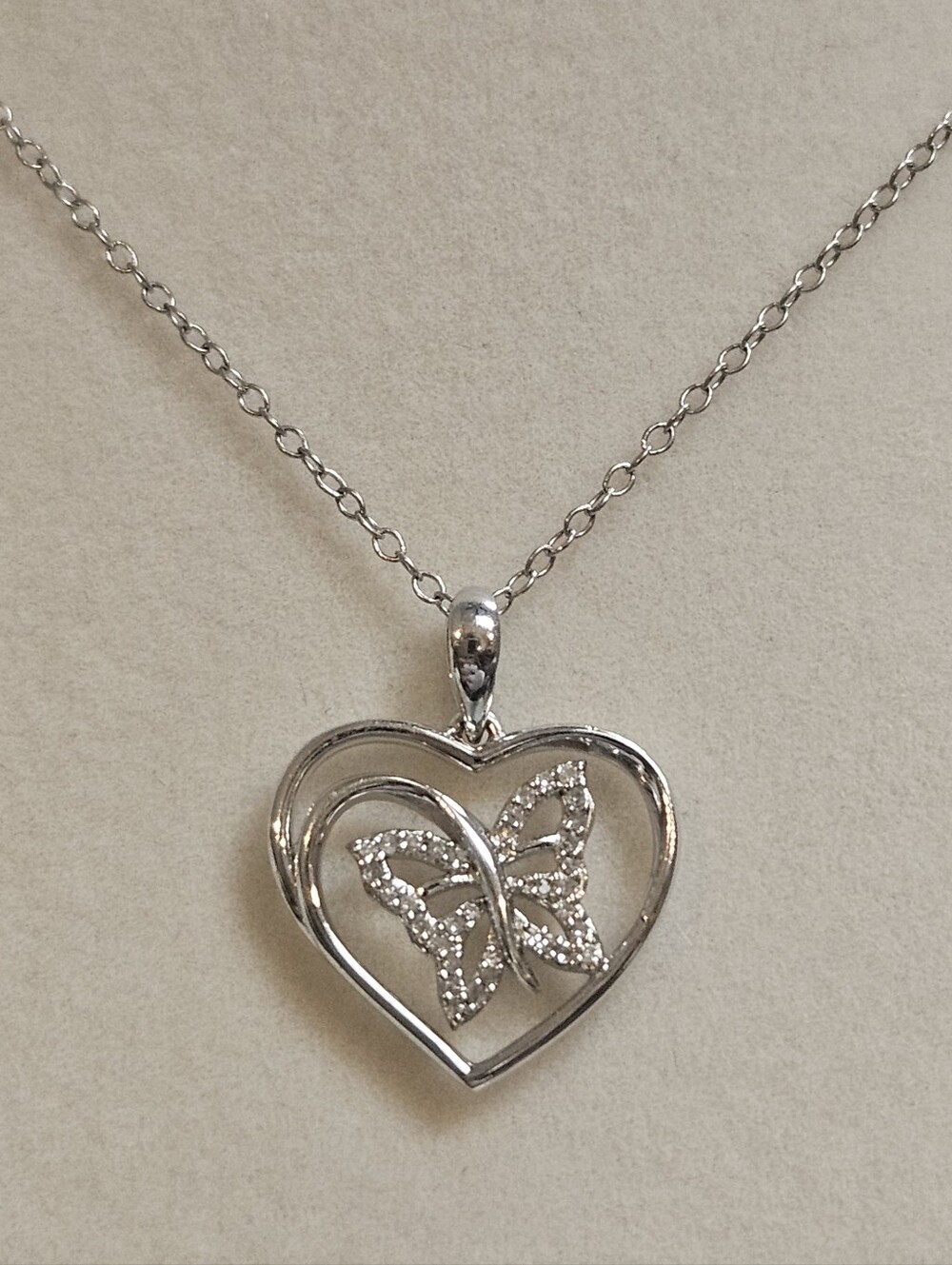 Sterling Silver Diamond Accent Butterfly Heart 925 Cable Chain Necklace 18"